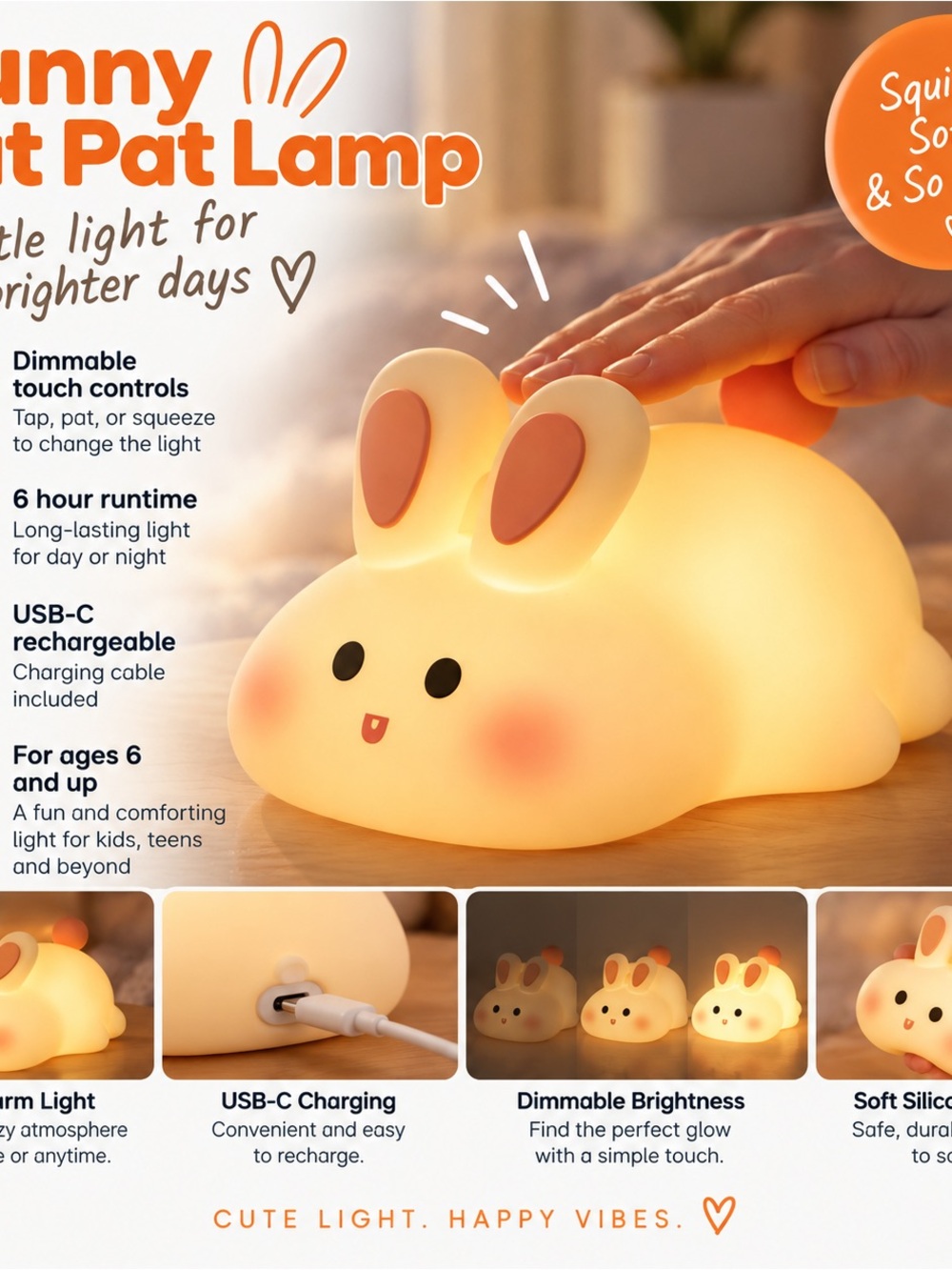 Sunny Rabbit Pat Lamp - Soft Yellow Silicone Night Light